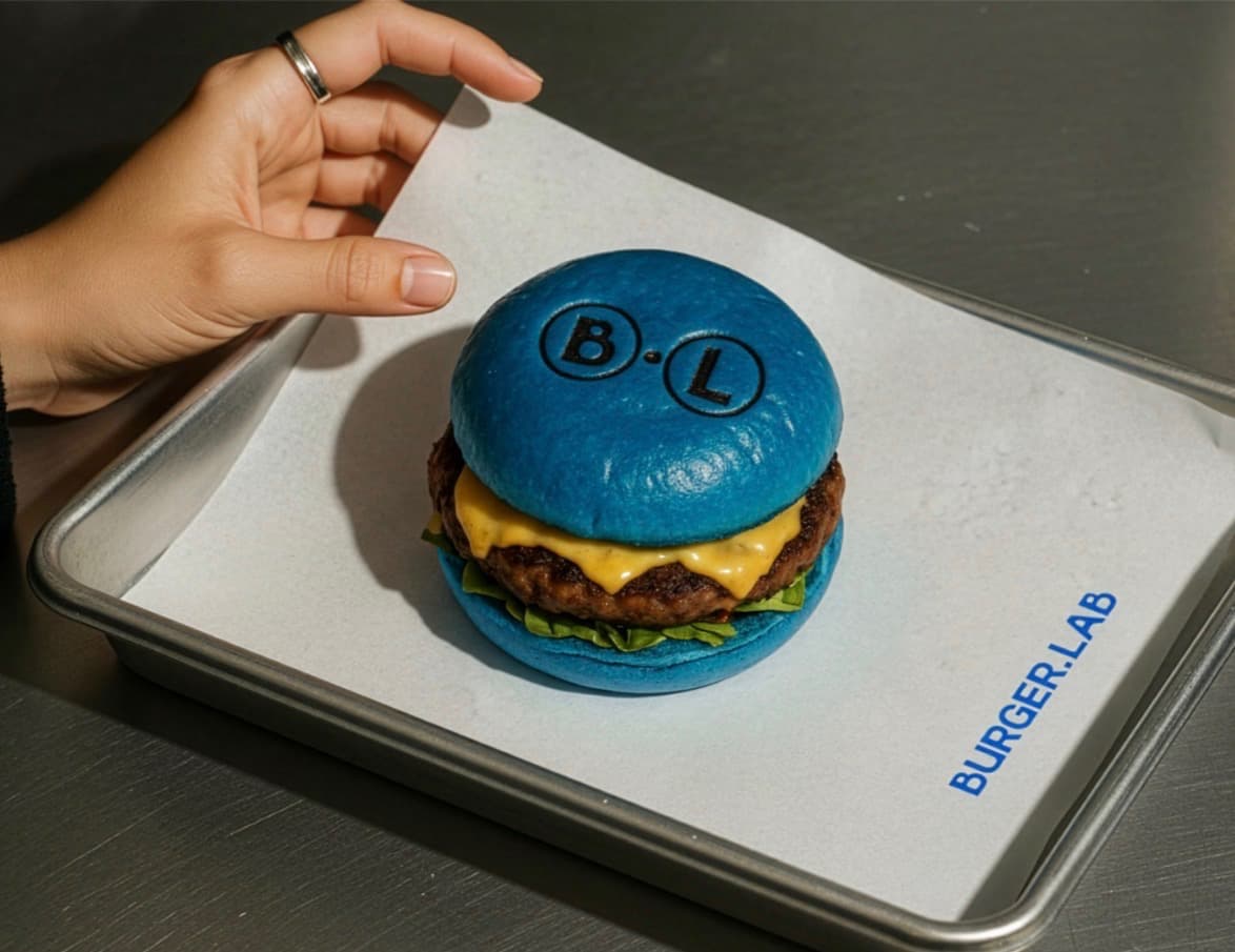 Burger Lab signature blue bun burger